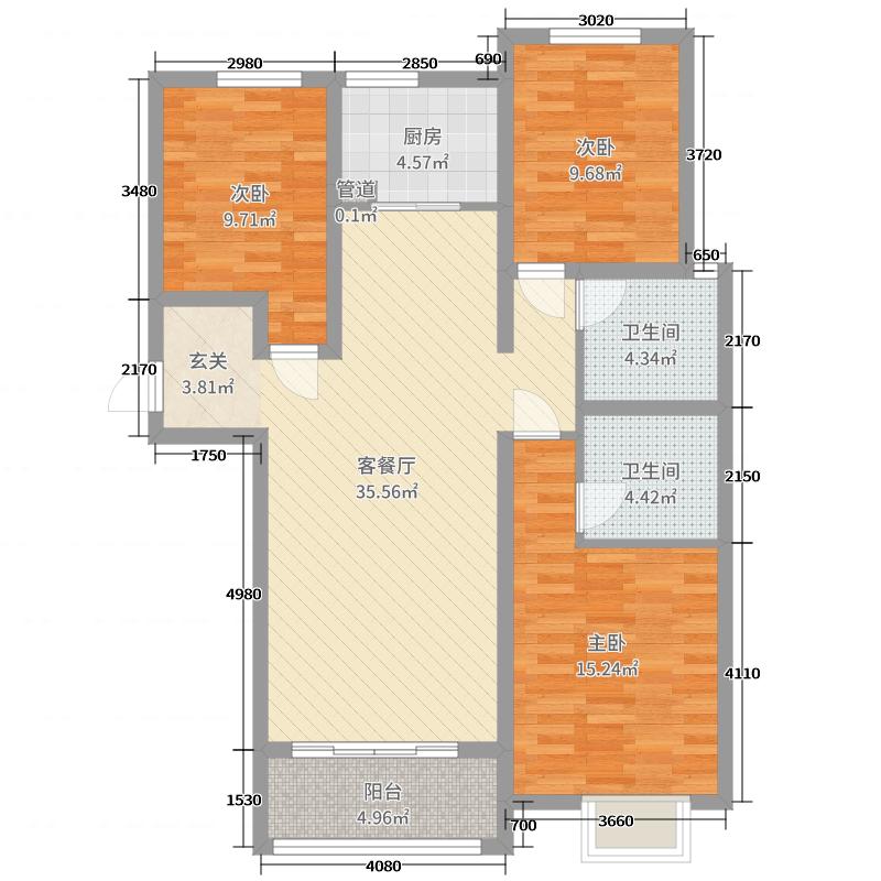 新鼎华府3室2厅2卫1厨126.00㎡户型图