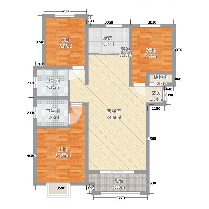 新鼎华府3室2厅2卫1厨132㎡户型图