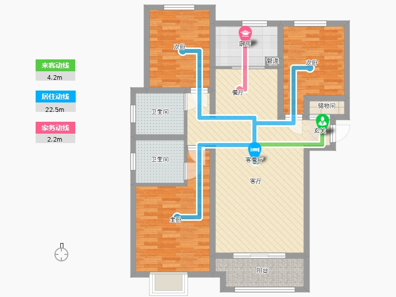 新鼎华府3室2厅2卫1厨132.00㎡动线图