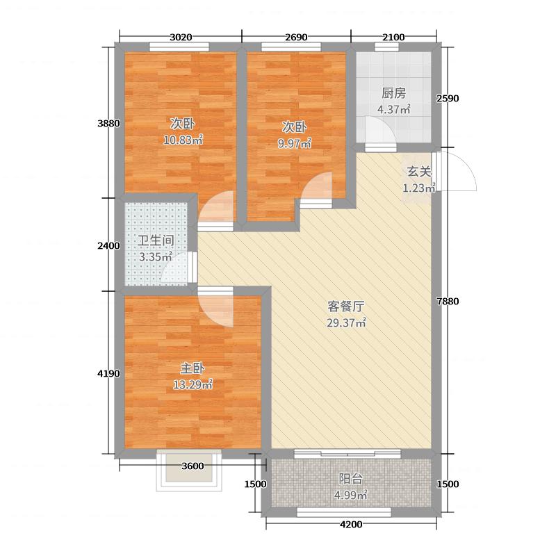 汉嘉海语城3室2厅1卫1厨106.00㎡户型图