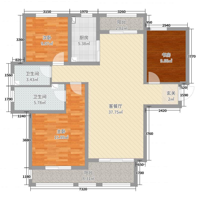 赫石府3室2厅2卫1厨123.00㎡户型图