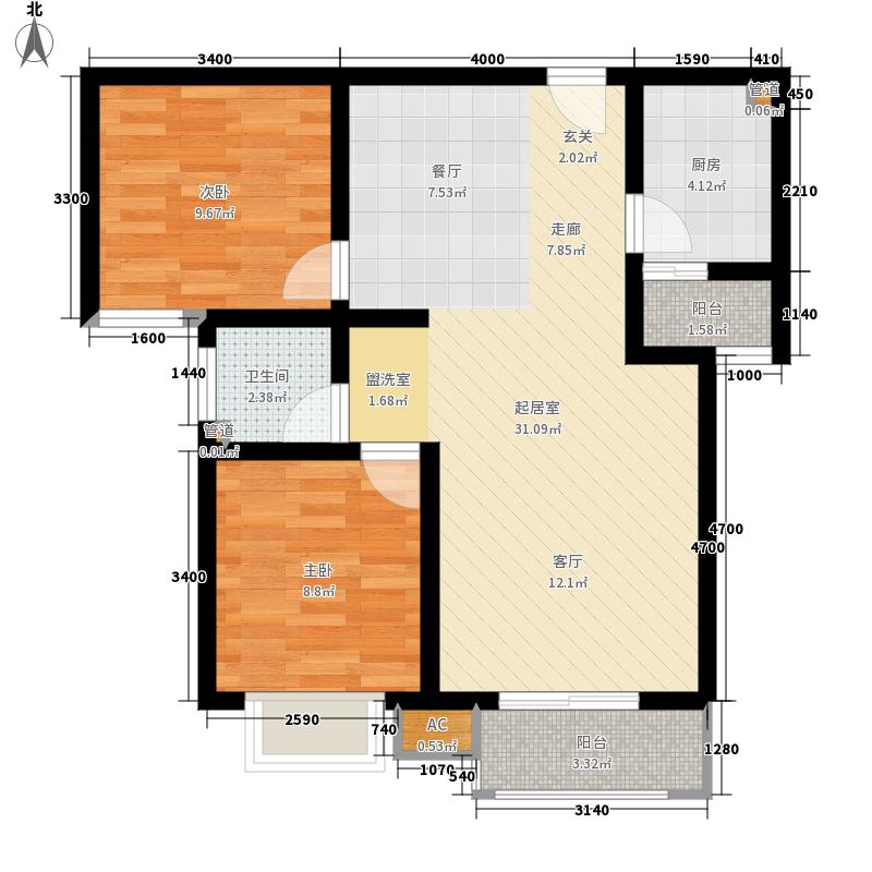 弘石湾2室2厅1卫1厨90.00㎡户型图