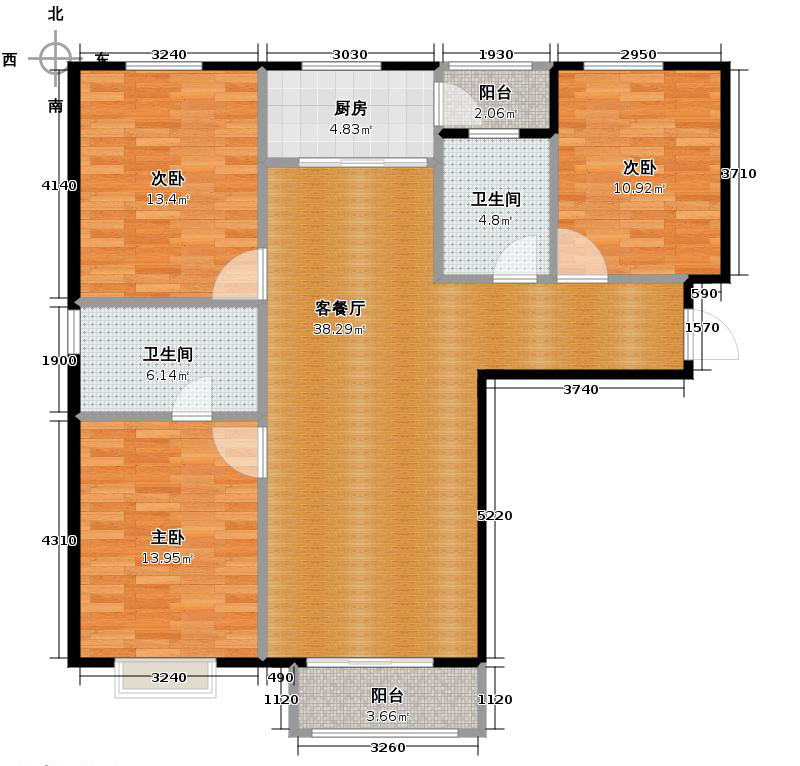 弘石湾3室2厅2卫1厨138.00㎡户型图