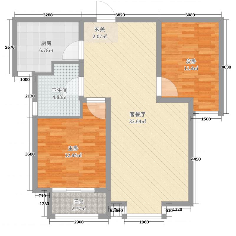 雨荷水岸2室2厅1卫1厨88㎡户型图