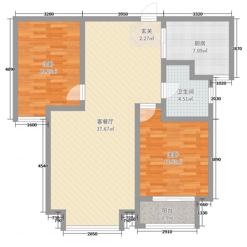 雨荷水岸2室2厅1卫1厨95.00㎡户型图