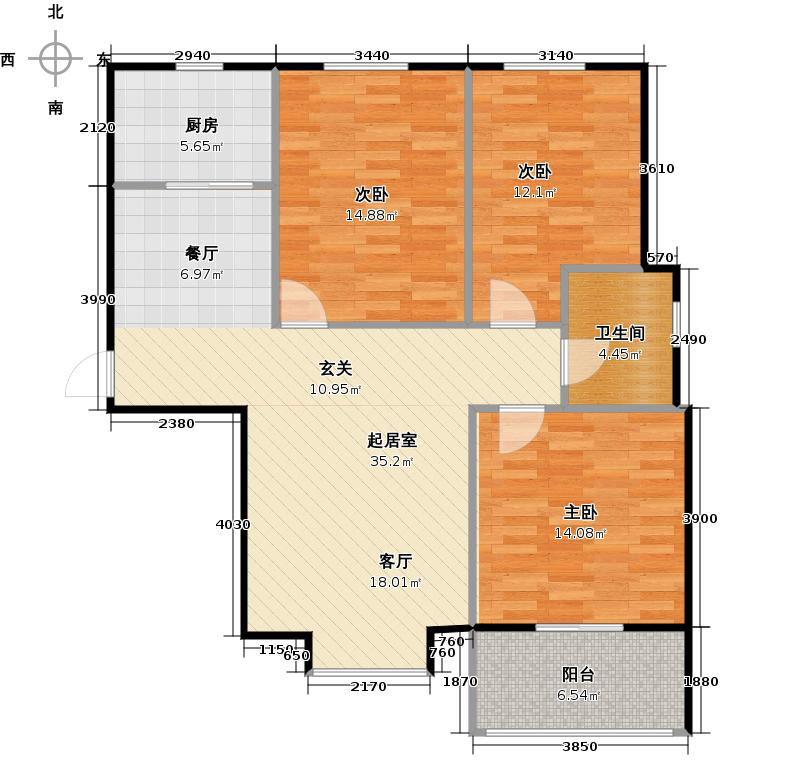 雨荷水岸3室2厅1卫1厨104㎡户型图