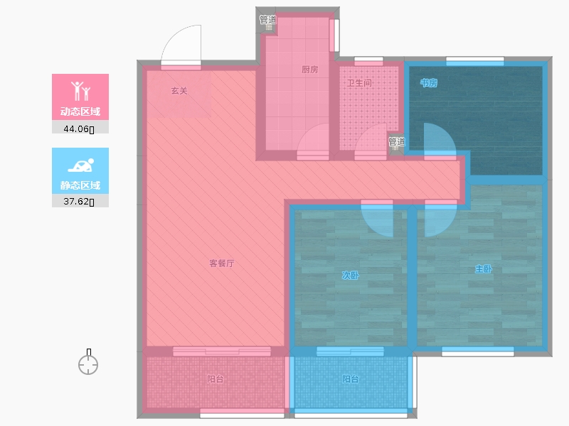 长久中心公园9号3室1厅1卫1厨103㎡动静分区图