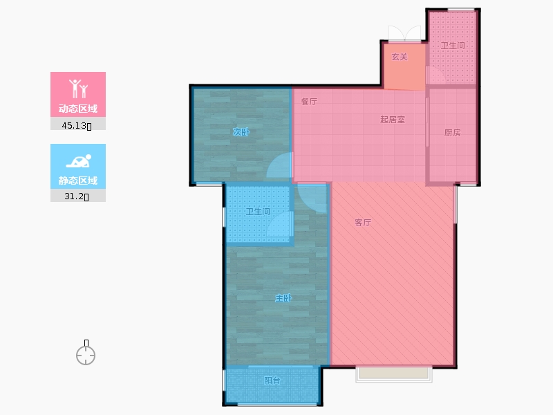 鑫界9号院2室1厅2卫1厨95㎡动静分区图