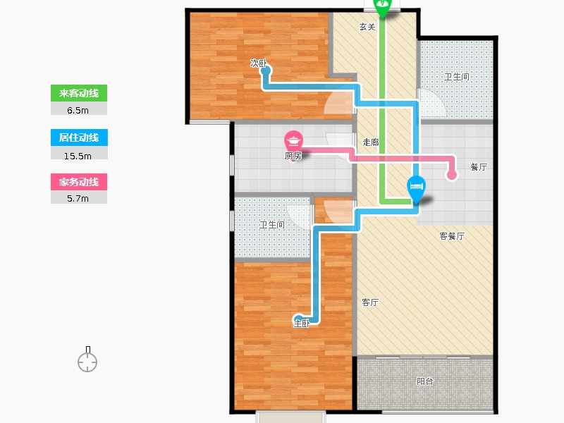 鑫界9号院2室1厅2卫1厨100㎡动线图