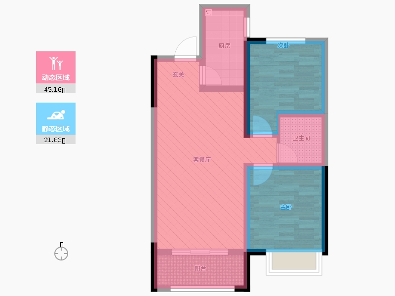 保利西悦春天2室2厅1卫1厨85㎡动静分区图