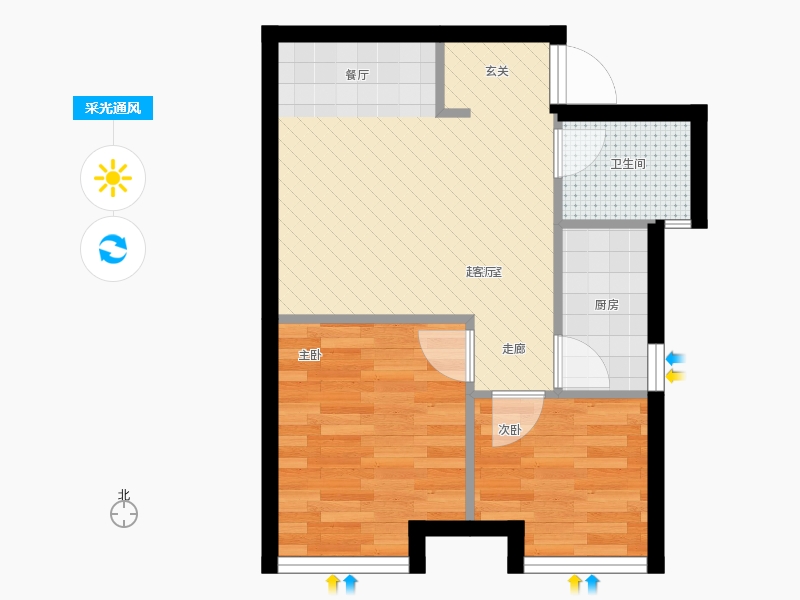 天宁小筑2室2厅1卫1厨64㎡采光通风图