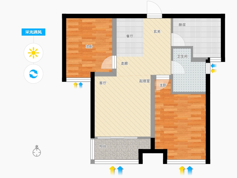 天宁小筑2室2厅1卫1厨89㎡采光通风图