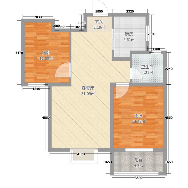 铂宫时代2室2厅1卫1厨89.00㎡户型图